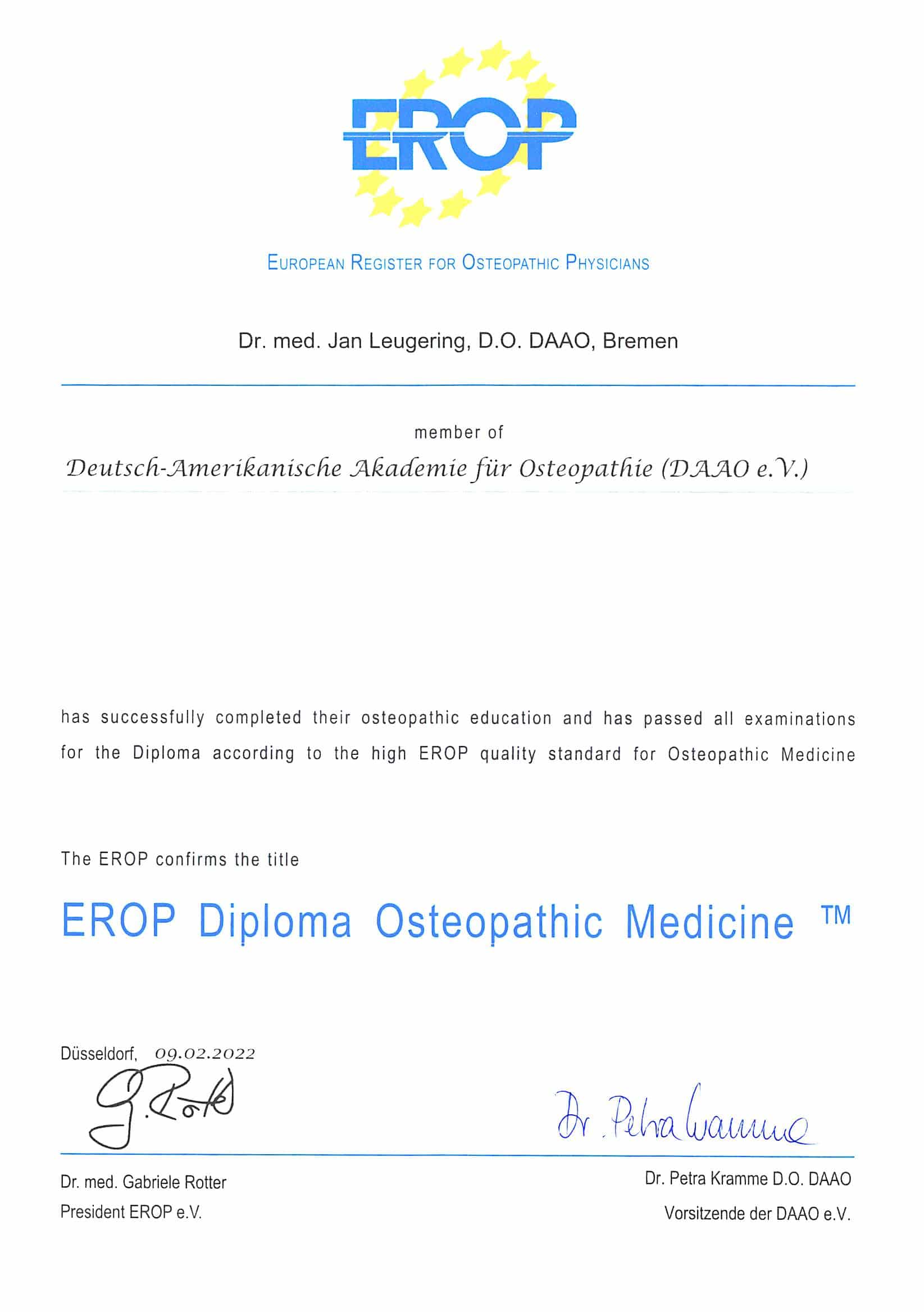 Diplom Leugi | zoum.de | Zertifikat Dr. med. Leugering für Osteopathie