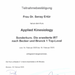 Teilnahmebestätigung für Dr. Senay Ertür am Kinesiologie-Kurs, FobiZe Bremen, 14.-16. Feb 2025.